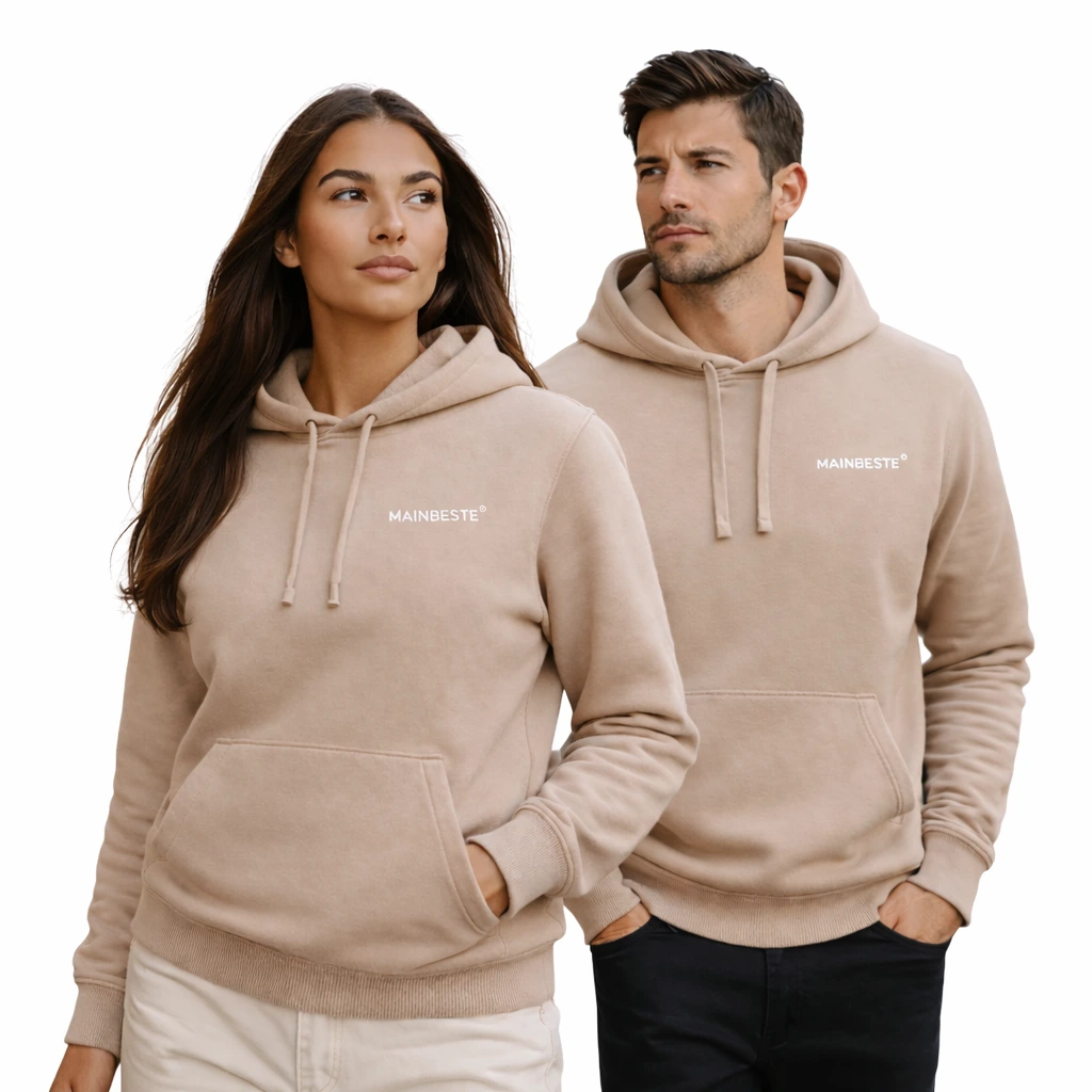 Male and female models wearing Mainbeste Sand Gold hoodies