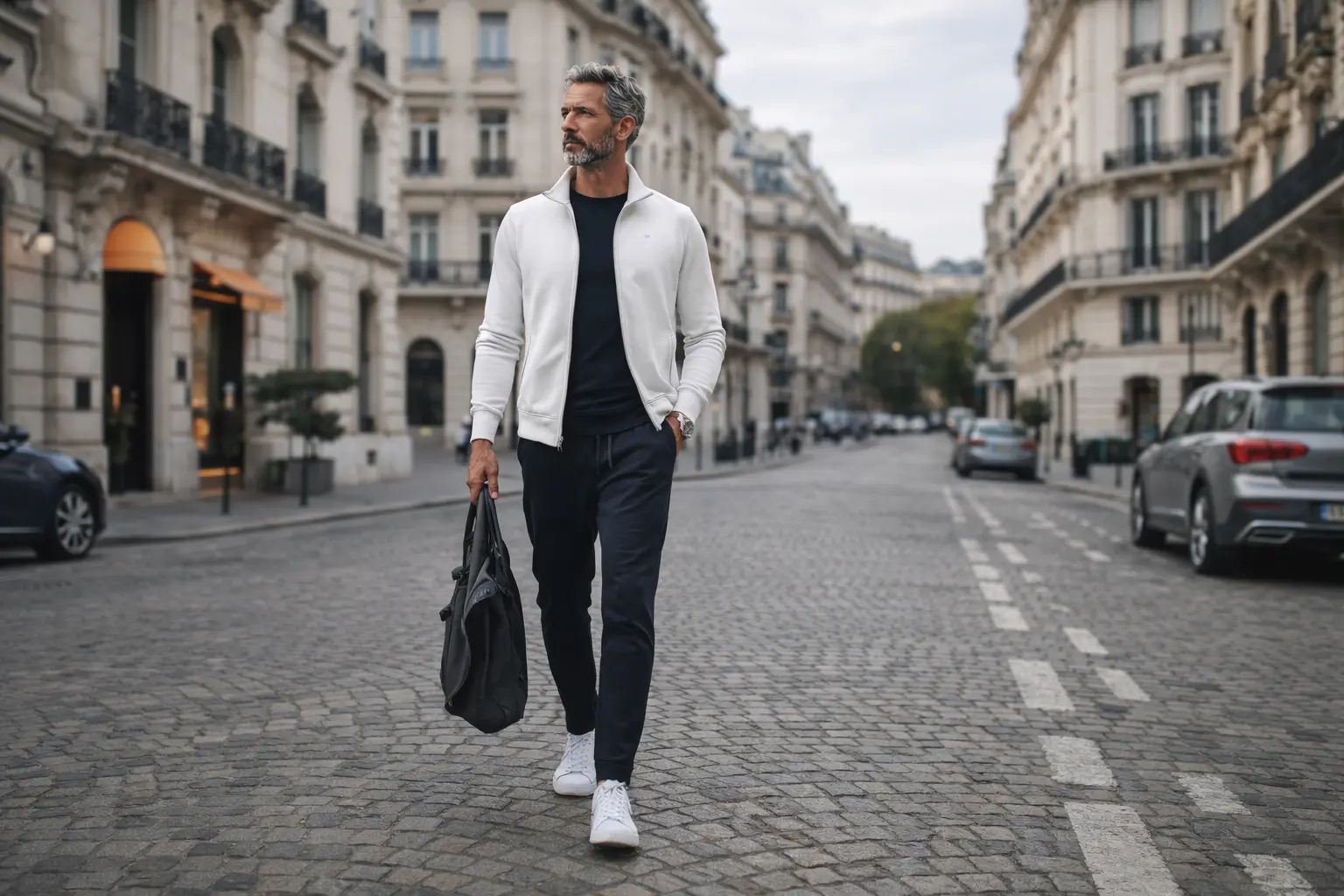 Man walking through a European city wearing premium casual apparel